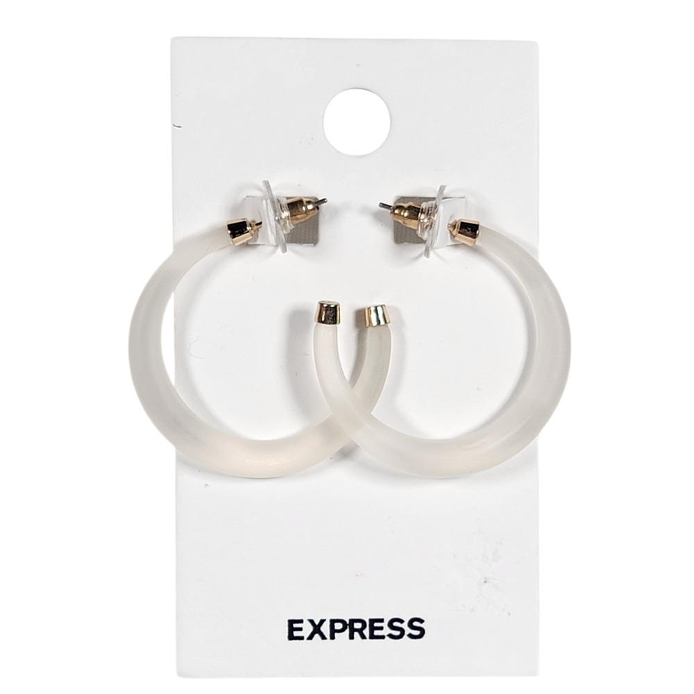Express Frosted White Acrylic C Hoop Earrings Gold‎ Tone Minimalist Retro Gift
